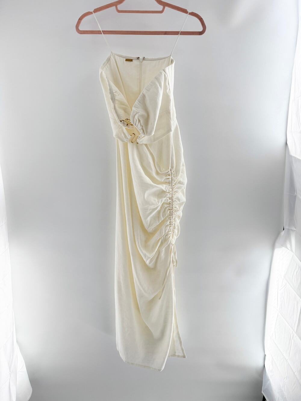 Cult Gaia Strapless Ring Hardware Ruched Side Maxi Dress Cream Womens Size 8